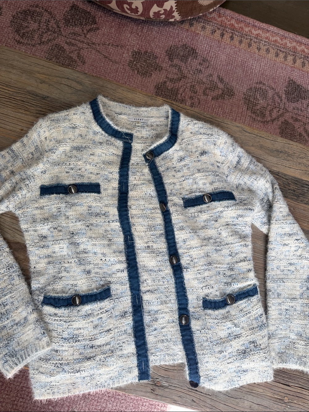 Sioni Cream Knit Cardigan with Blue Trim
